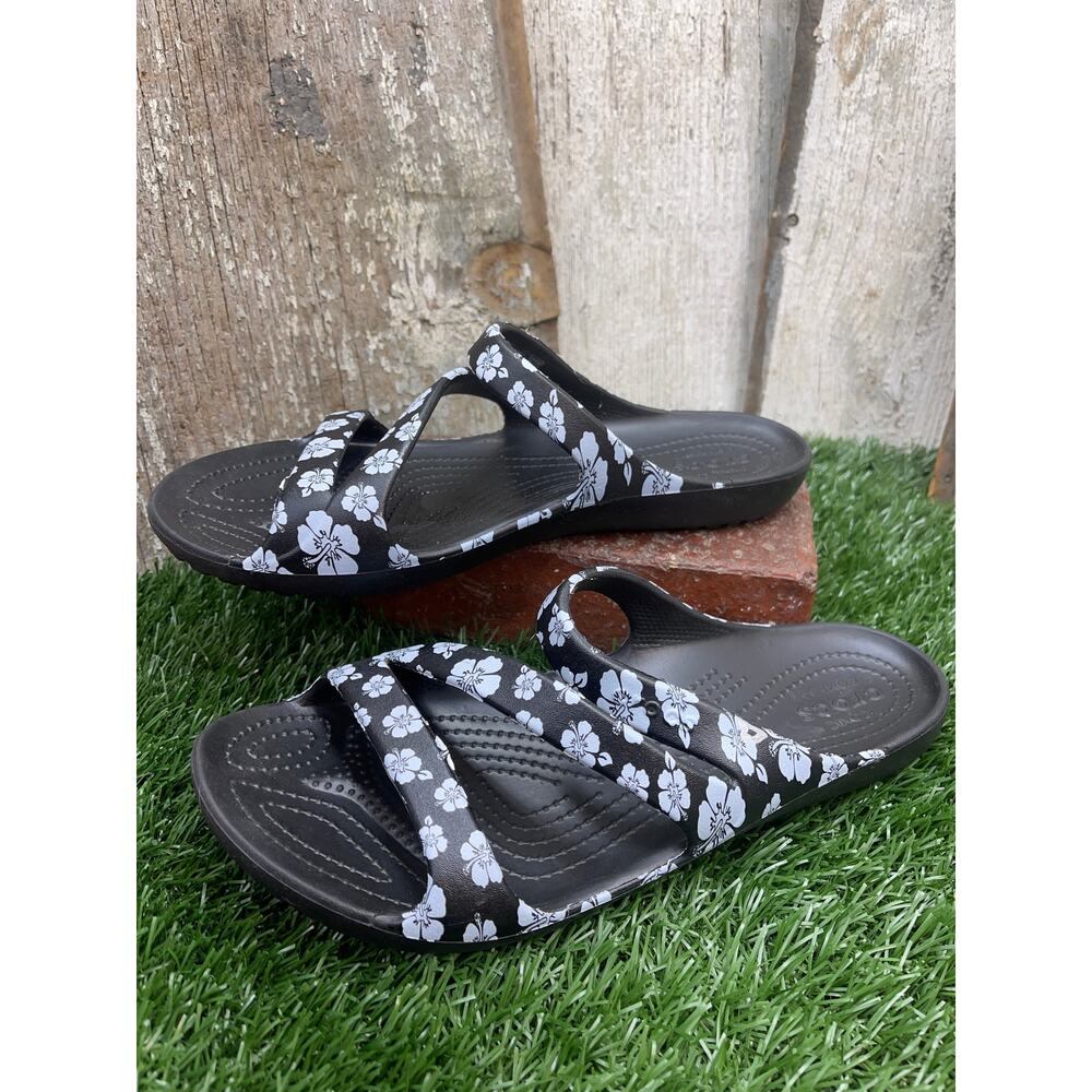CROCS Kaydee Resort Graphic Floral Black White Slides Women's 10